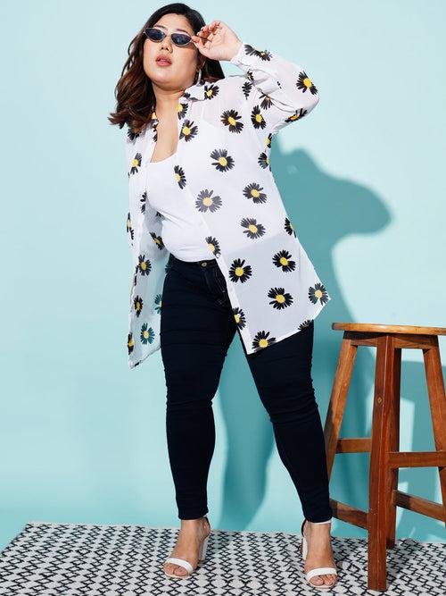 Georgette Boxy Fit Floral Print Women Plus Size Casual Long Shirt-3052PS