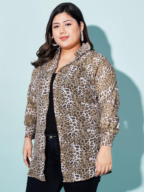 Leopard Print Boxy Fit Georgette Plus Size Casual Women Long Shirt-3064PLUS