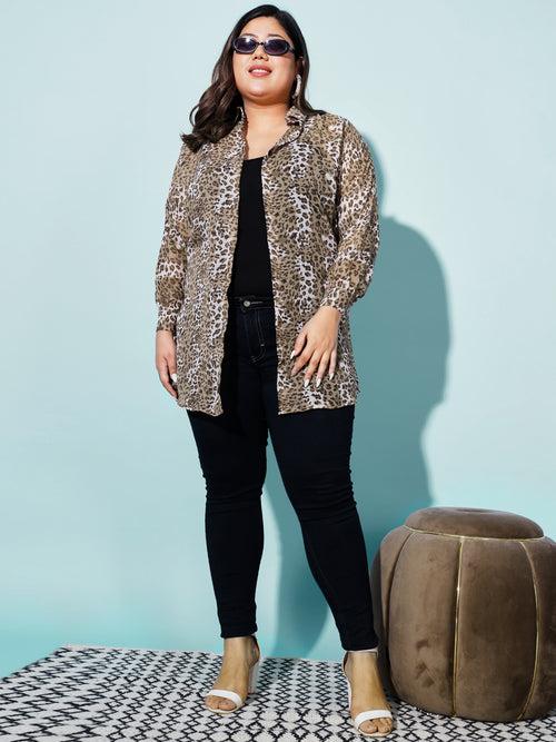 Leopard Print Boxy Fit Georgette Plus Size Casual Women Long Shirt-3064PLUS