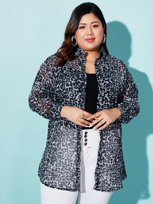 Leopard Print Boxy Fit Georgette Plus Size Casual Women Long Shirt-3064PLUS