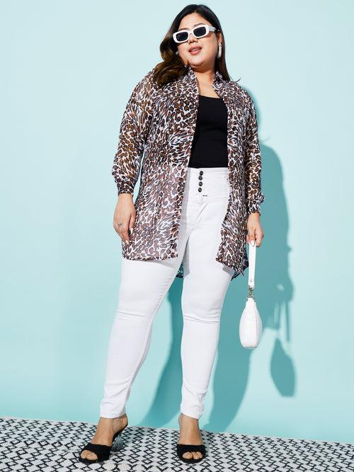 Leopard Print Boxy Fit Georgette Plus Size Casual Women Long Shirt-3064PLUS