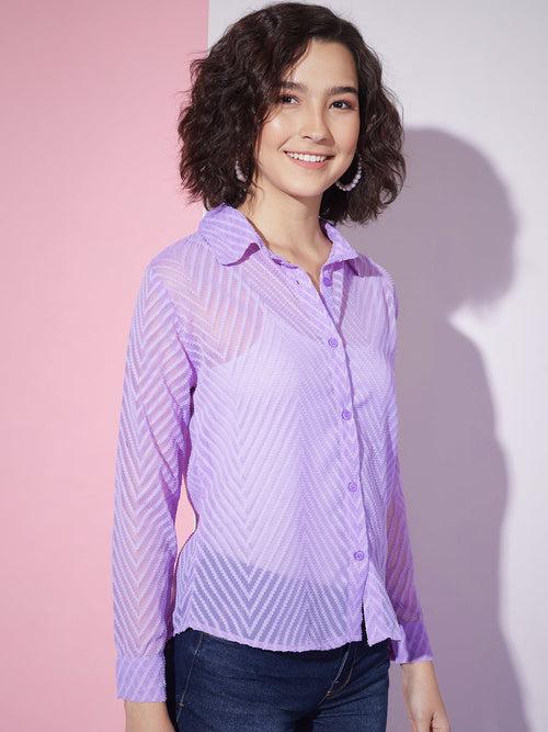 Chiffon Self Design Button Front Women Casual Shirt-3305