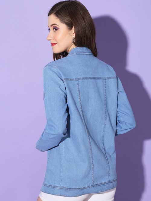 Buttoned Flap Pockets Women Long Denim Jacket-3295