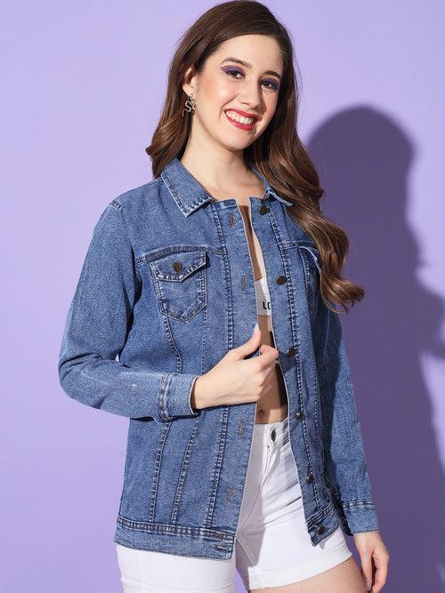 Buttoned Flap Pockets Women Long Denim Jacket-3293