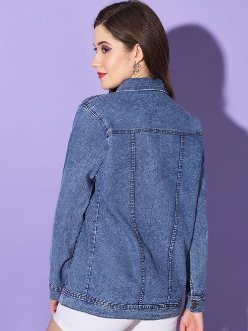 Buttoned Flap Pockets Women Long Denim Jacket-3293