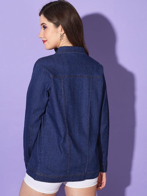 Buttoned Flap Pockets Women Long Denim Jacket-3293