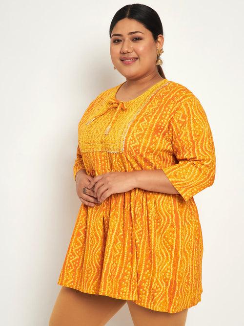 Cotton Plus Size Bandhani Printed Women Short Flared Frock/Kurti/Top-3177PLUS