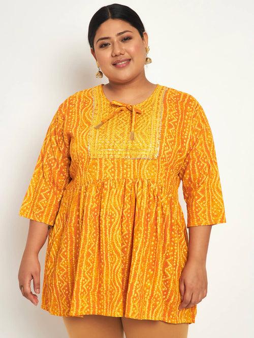 Cotton Plus Size Bandhani Printed Women Short Flared Frock/Kurti/Top-3177PLUS