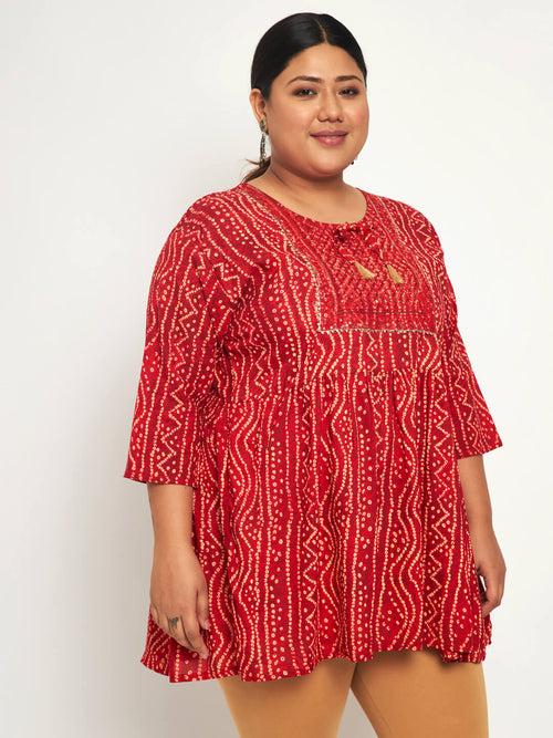 Cotton Plus Size Bandhani Printed Women Short Flared Frock/Kurti/Top-3177PLUS