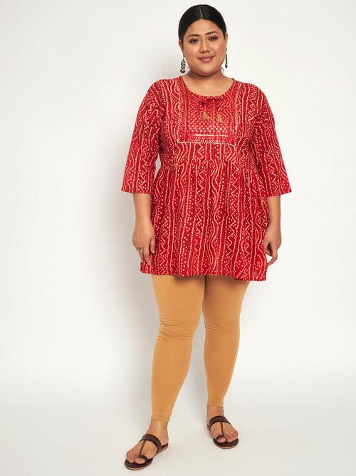 Cotton Plus Size Bandhani Printed Women Short Flared Frock/Kurti/Top-3177PLUS