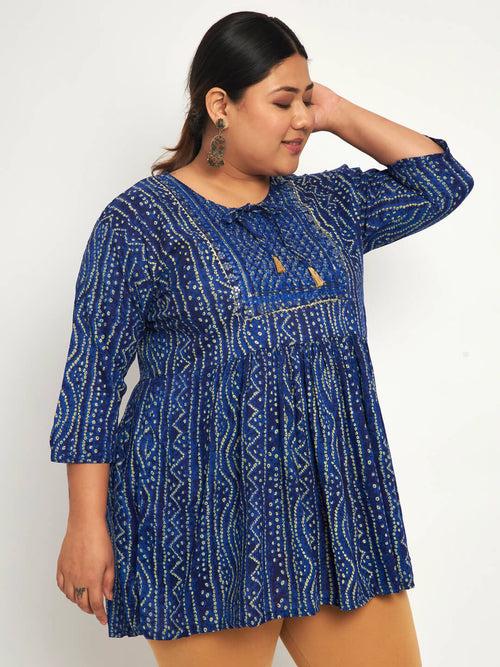 Cotton Plus Size Bandhani Printed Women Short Flared Frock/Kurti/Top-3177PLUS