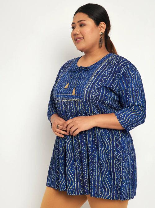 Cotton Plus Size Bandhani Printed Women Short Flared Frock/Kurti/Top-3177PLUS