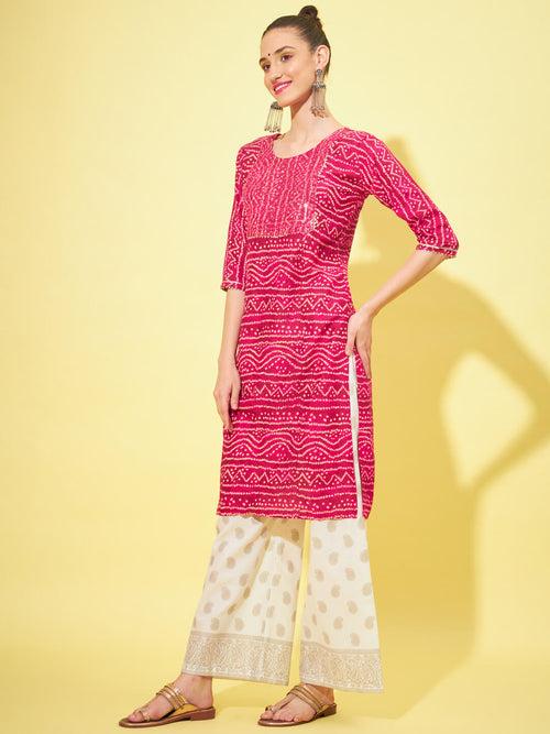 Cotton Bandhani Printed Long Women Straight Kurta-3315