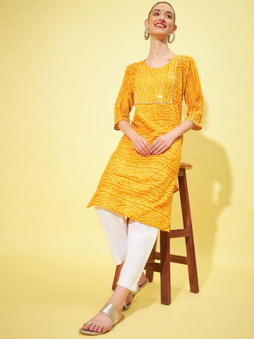 Cotton Bandhani Printed Long Women Straight Kurta-3315