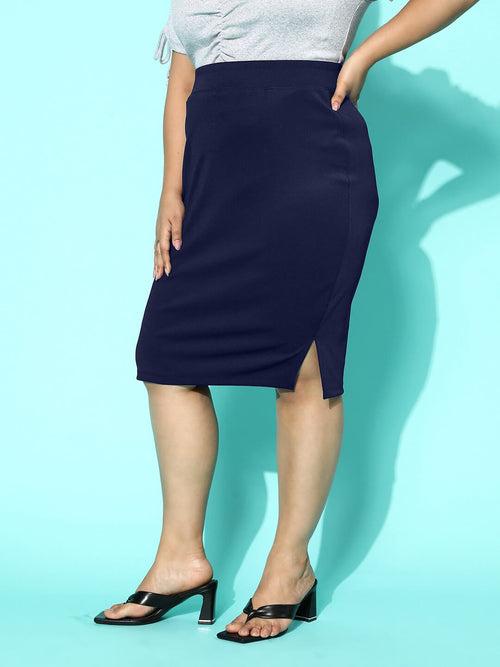 Solid Knee Length Plus Size Side Slit Women Pencil Skirt-3374-3376