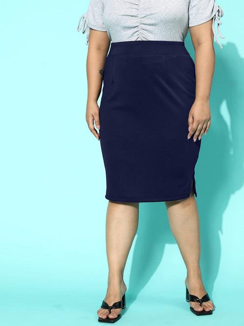 Solid Knee Length Plus Size Side Slit Women Pencil Skirt-3374-3376