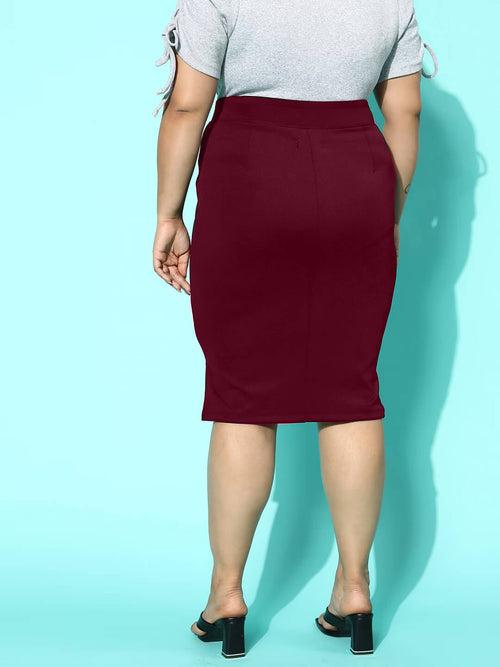 Solid Knee Length Plus Size Side Slit Women Pencil Skirt-3374-3376