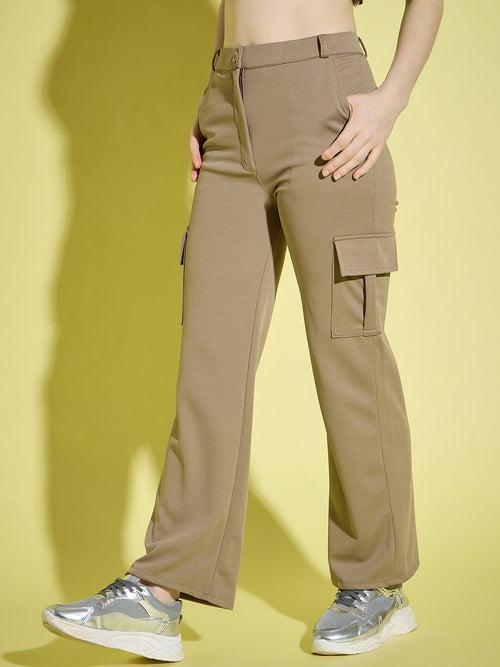 Straight Fit Full Length Solid Cargo Pant | Women Casual Pant-3386-3464