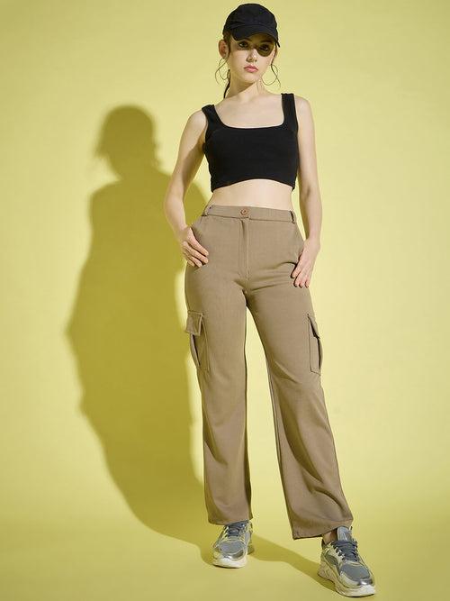 Straight Fit Full Length Solid Cargo Pant | Women Casual Pant-3386-3464