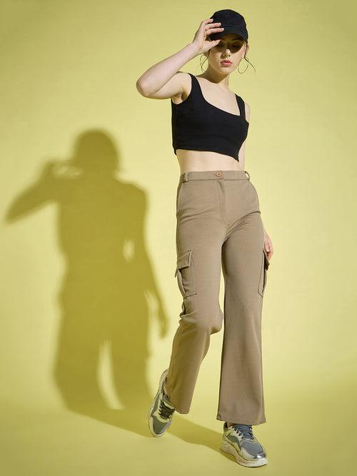 Straight Fit Full Length Solid Cargo Pant | Women Casual Pant-3386-3390