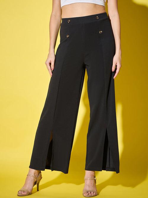 Black Solid Full Length Women’s Palazzo Pants with Front Slit-3455