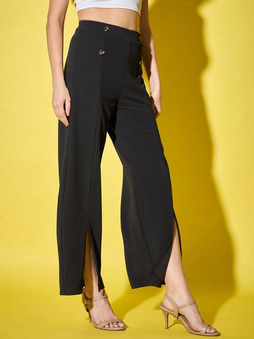 Black Solid Full Length Women’s Palazzo Pants with Front Slit-3455