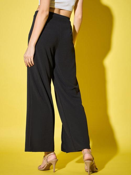 Black Solid Full Length Women’s Palazzo Pants with Front Slit-3455