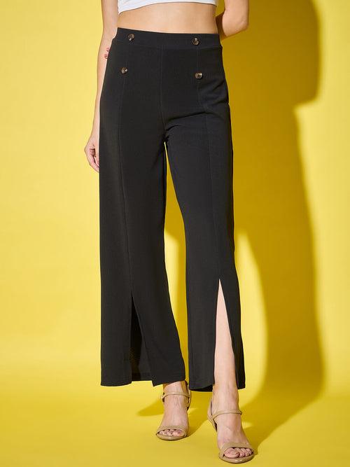 Black Solid Full Length Women’s Palazzo Pants with Front Slit-3455