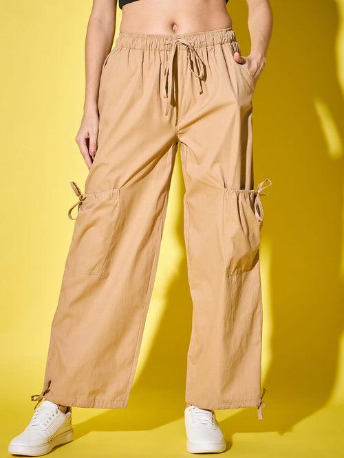 Adjustable Tie-Side Cargo Pockets Cotton Blend Solid Women’s Cargo Pants-3456-3458