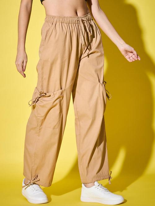 Adjustable Tie-Side Cargo Pockets Cotton Blend Solid Women’s Cargo Pants-3456-3458