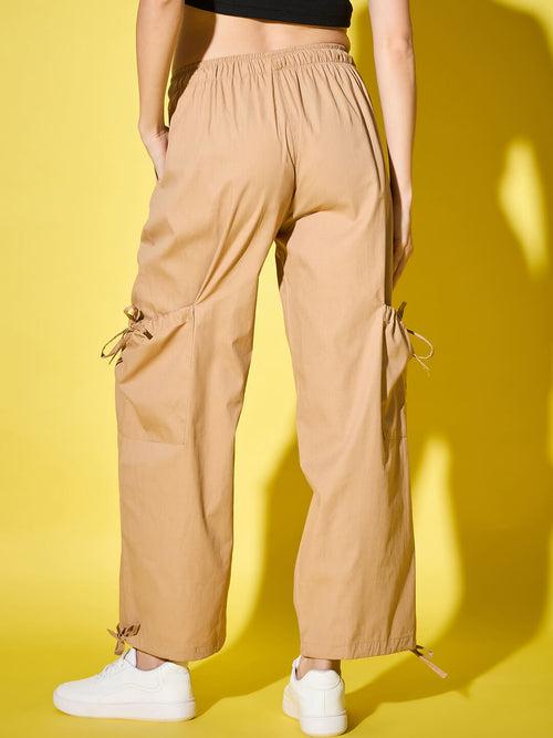 Adjustable Tie-Side Cargo Pockets Cotton Blend Solid Women’s Cargo Pants-3456-3458