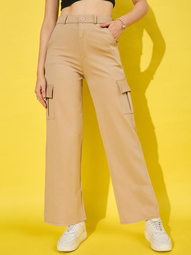 Straight Fit Full Length Solid Cargo Pant | Women Casual Pant-3386-3464