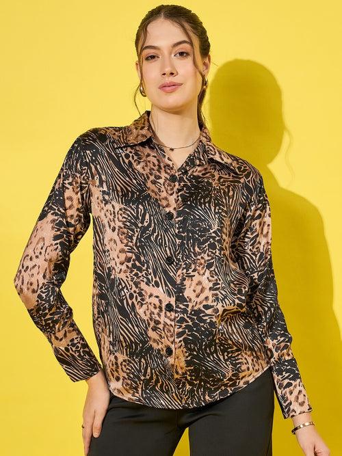 Luxurious Satin Regular Fit Leopard Print Women’s Casual Shirt-3475-3475