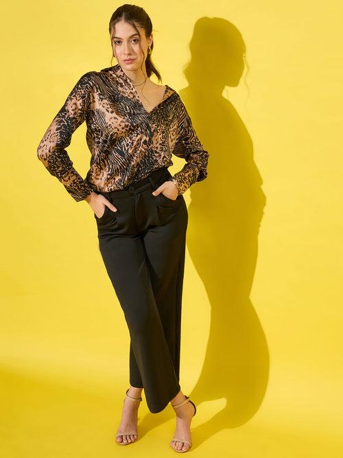 Luxurious Satin Regular Fit Leopard Print Women’s Casual Shirt-3475-3475