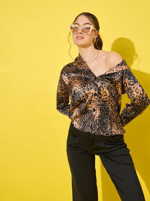 Luxurious Satin Regular Fit Leopard Print Women’s Casual Shirt-3475-3475