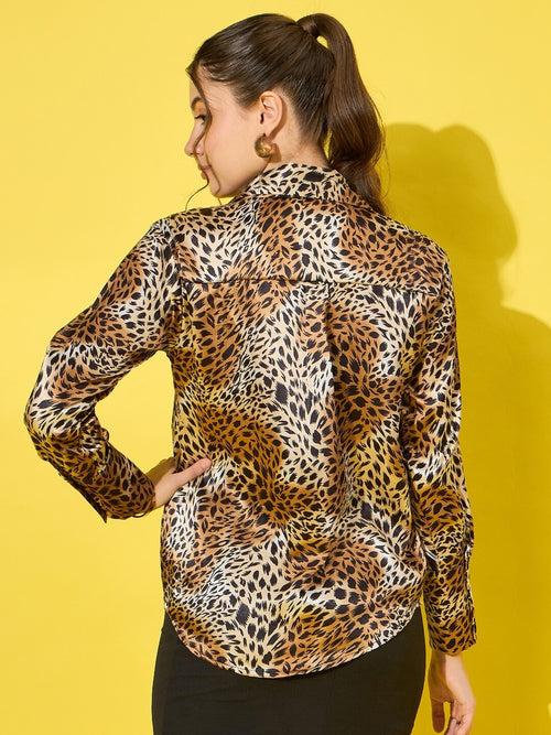 Luxurious Satin Regular Fit Leopard Print Women’s Casual Shirt-3475-3475