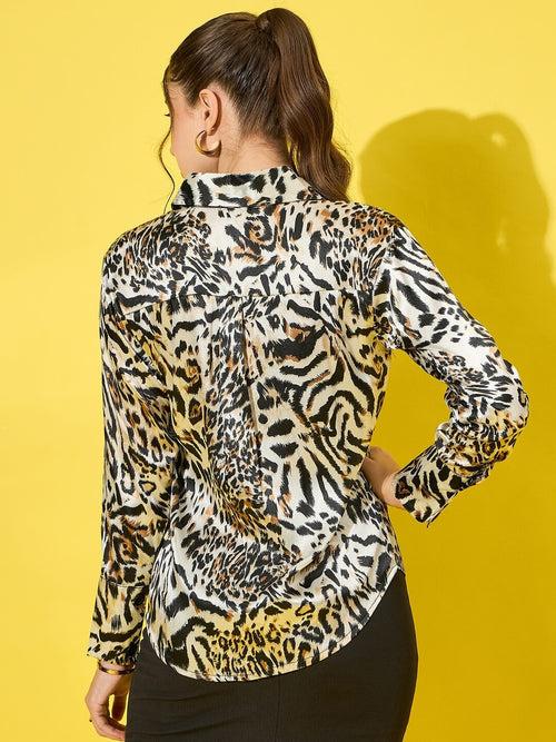 Luxurious Satin Regular Fit Leopard Print Women’s Casual Shirt-3475-3475