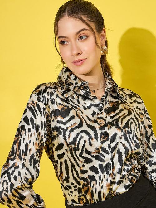 Luxurious Satin Regular Fit Leopard Print Women’s Casual Shirt-3475-3475