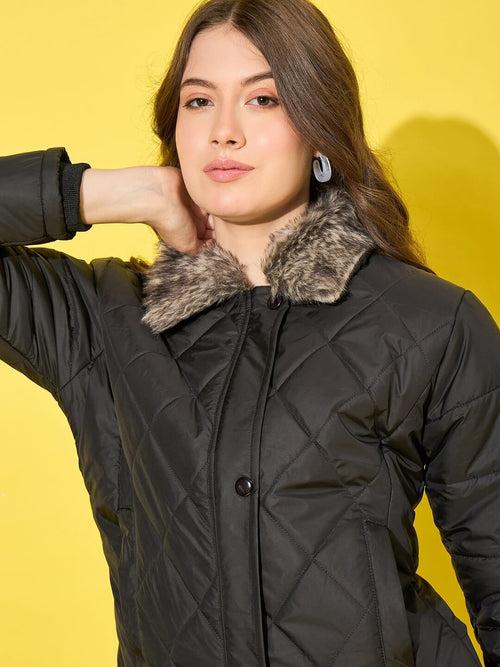 Stylish Polyester Quilted Women Winter Jacket with Fur Collar-3477-3480