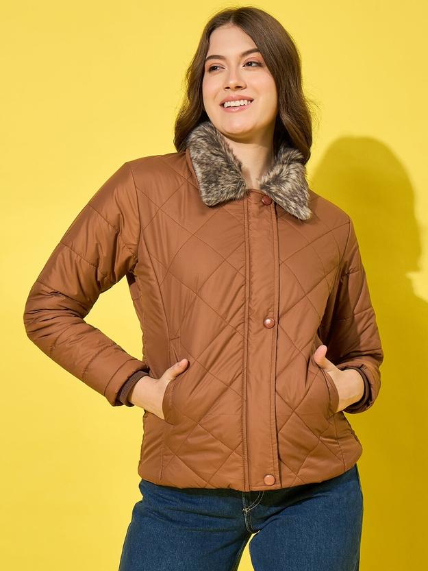 Stylish Polyester Quilted Women Winter Jacket with Fur Collar-3478-3480