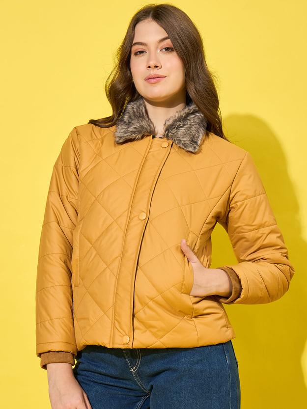 Stylish Polyester Quilted Women Winter Jacket with Fur Collar-3479-3480