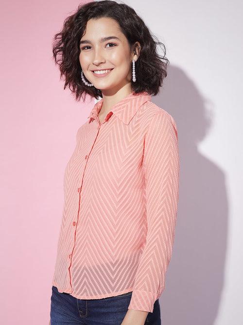 Chiffon Self Design Button Front Women Casual Shirt-3305