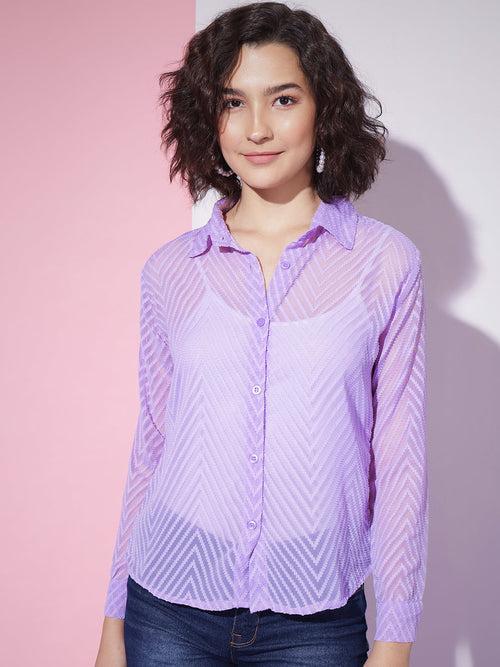 Chiffon Self Design Button Front Women Casual Shirt-3305