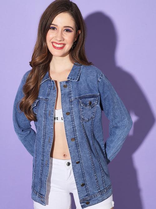 Buttoned Flap Pockets Women Long Denim Jacket-3293