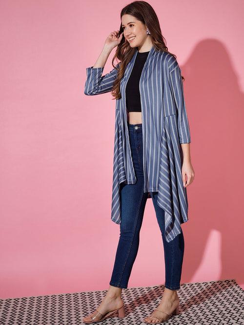 Lycra Striped Women Longline Shrug-3245