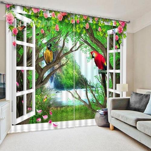 Digital Heavy Long Crush Curtains - World of Parrots(Set of 2)