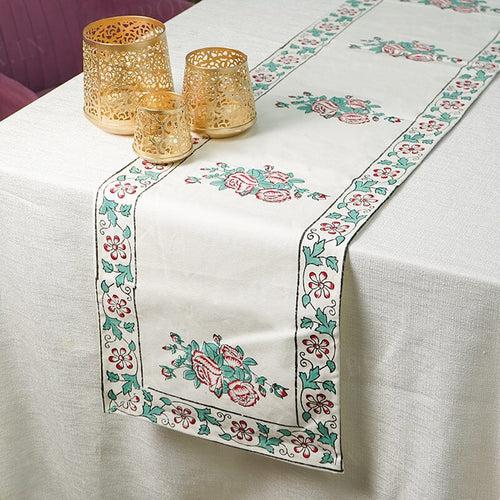 Green Red Meera Floral Block Print Cotton Table Runner