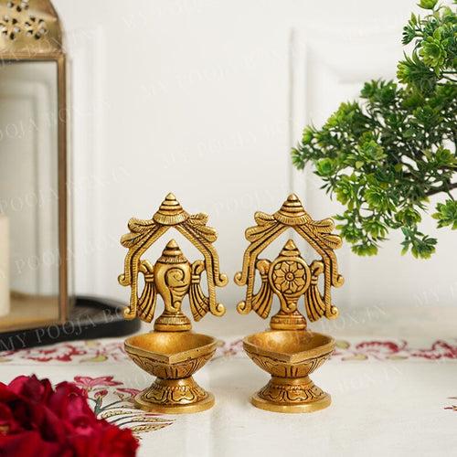 Shankh Chakra Brass Diya Set of 2