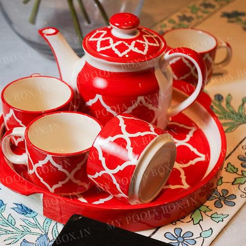 Royal Red Hand Painted Tea Kettle Set
