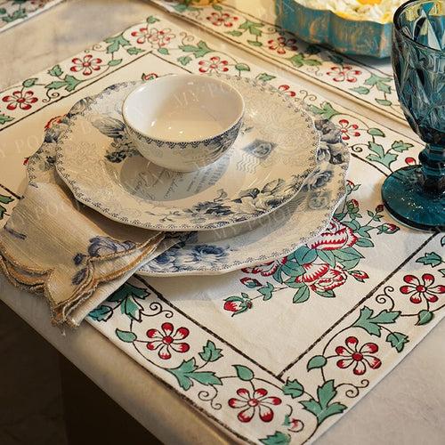 Green Red Meera Floral Block Print Cotton Table Mat Set Of 6